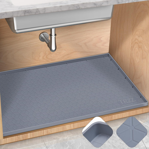 TRZZ Under Sink Mat 28" x 22", Under Kitchen Sink Mat Waterproof, Silicone Under Sink Mat for Shelf Liner Organizer, Cabinet Protector Drip Tray for Bottom Kitchen, Bathroom (Grey)
