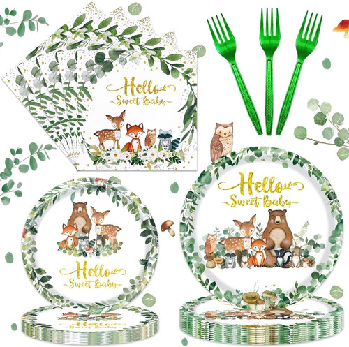 Woodland Baby Shower Party Supplies, Woodland Animal Baby Shower Decorations Include Plates, Napkins, Forks, for Animal Theme Woodland Creatures Party Decorations, Serve 24 Woodland Baby Shower Party Supplies, Woodland Animal Baby Shower Decorations Include Plates, Napkins, Forks, for Animal Theme Woodland Creatures Party Decorations, Serve 24