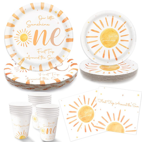 First Trip Around The Sun 1st Birthday Party Supplies Boho Party Plates and Napkins Set Includes Plates Cups Napkins for Baby Shower Party, Serves 24 Guests