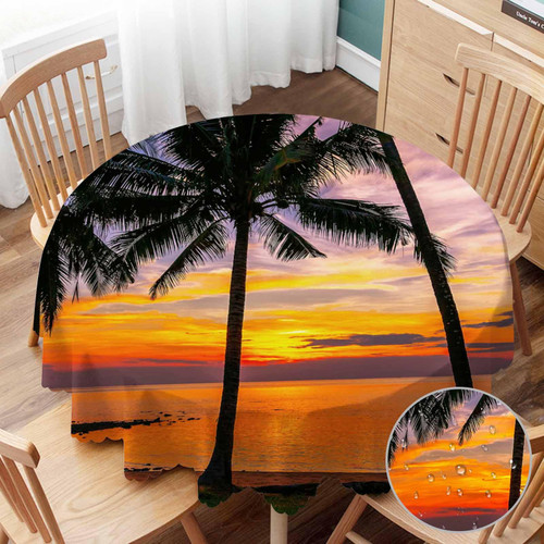Yibeas Tablecloth Round Palm Trees Table Cloth Ocean Seascape Beach Palm Tree Sunset Table Cover for Dining Room Kitchen Decoration Round Tablecloths 60 inch