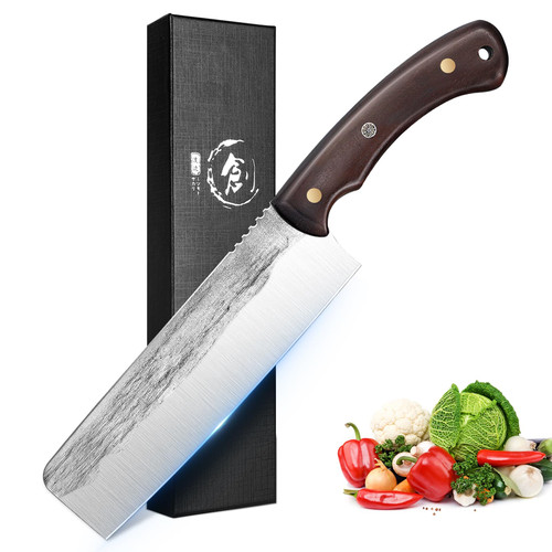 TIJERAS Nakiri Knife, Japanese Chopping Knife Cleaver Multipurpose Vegetable Knife Premium High Carbon Steel Sharp Kitchen Knife Hand Forged Asian Chef Knife with Ergonomic Handle