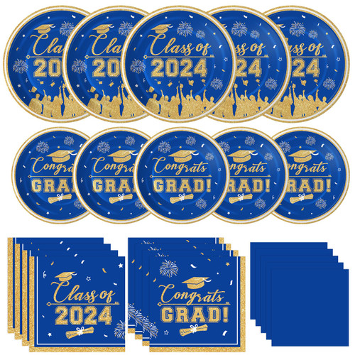 Graduation Plates and Napkins 2024 Graduation Party Supplies, Class of 2024 Congrats Grad Disposable Paper Plates Cocktail Napkins Set for Blue and Gold 2024 Graduation Party Decorations, Serve 25