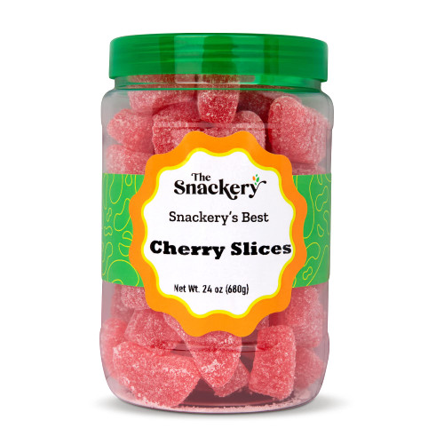 The Snackery, Red Cherry Slices Candy in Round Plastic Jar, 1.5 Lbs Cherry Slice Candy Wedges, Reusable Jar with Green Lid