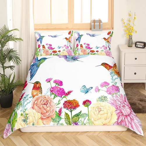 Tropical Birds Bedding Set Kids Hummingbird Botanical Gorgeous Comforter Cover Set for Kids Blossoming Iris Flowers Duvet Cover Breathable Butterfly Bedspread Cover Room Decor Quilt Cover Queen Size