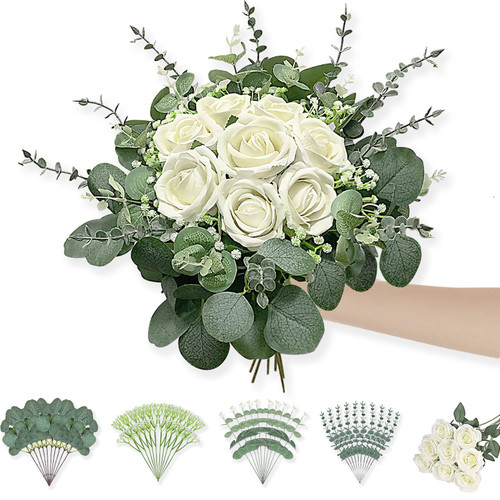 Artificial Eucalyptus Stems and Faux Rose Flowers, Fake Silver Dollar Eucalyptus Leaves Stems Bulk Leaf Branches for DIY Bouquets Floral Arrangement Wedding Home Table Centerpieces Decor