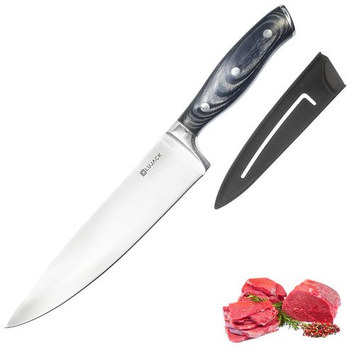Ultra Sharp 8 inch Professional Chef Knife Cooking Knife - Carbon Stainless Steel Kitchen Knife with Sheath and Ergonomic Pakka Wood Handle - Chopping Knife for Professional (Black)
