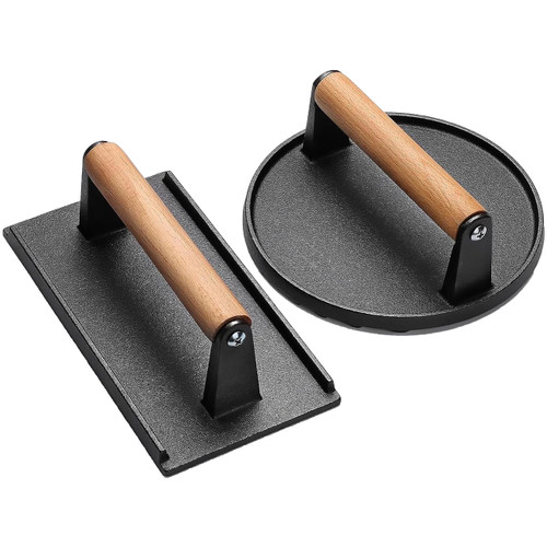 Elivete Smash Burger Press, 2 Pcs, 7" Round & 8.2"X4.3" Rectangle Heavy-Duty Cast Iron Smash Bacon Press Meat Steak with Wood Handle for Griddle, Sandwich, Panini, Nonstick Pan (Cast Iron) Elivete Smash Burger Press, 2 Pcs, 7" Round & 8.2"X4.3" Rectangle Heavy-Duty Cast Iron Smash Bacon Press Meat Steak with Wood Handle for Griddle, Sandwich, Panini, Nonstick Pan (Cast Iron)
