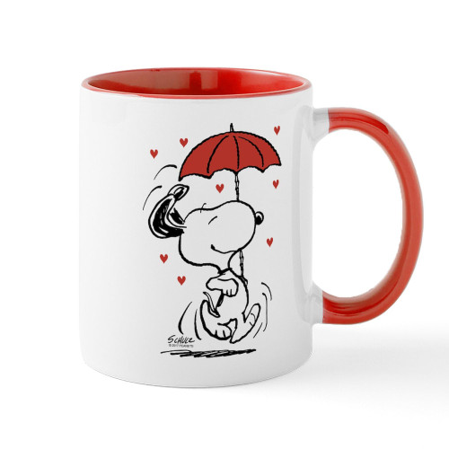 CafePress Peanuts: Snoopy Raining Hearts 11 oz (325 ml) Ceramic Coffee Mug