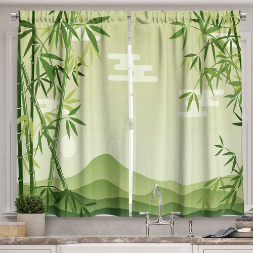 Ambesonne Green Leaf Long Kitchen Curtains, Abstract Trees in Japanese Forest Botanical Oriental Outdoors, 2 Panel Set Drapes with Rod Pocket Room Decor, 55" x 45", Lime Green and Pale Green