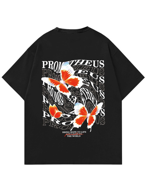 COZYEASE Men's Letter Graphic Tee Casual Short Sleeve Round Neck Summer Shirt Streetwear Top Black Orange Print L