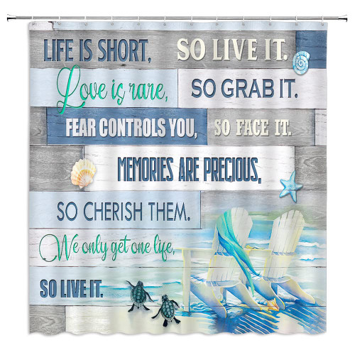 GIXKOXE Ocean Beach Shower Curtain Inspirational Quotes Tropical Seaside Starfish Seashell Sea Turtle Rustic Wooden Board Summer Bathroom Decor Curtain Polyester with Hooks