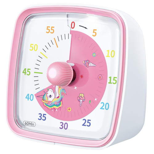 Ainowes 60-Minute Visual Timer with Night Light, Countdown Timer for Classroom Home Kitchen Office, Pomodoro Timer with Unicorn Pattern for Kids and Adults (Pink)