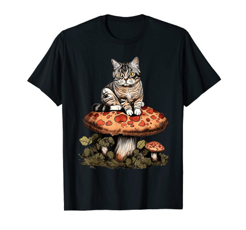 Cat Sitting On A Mushroom in Cottagecore Aesthetic T-Shirt