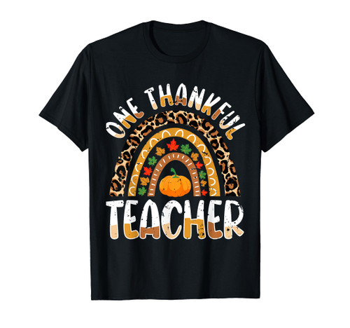 One Thankful Teacher Cute Thanksgiving Rainbow Leopard Fall T-Shirt