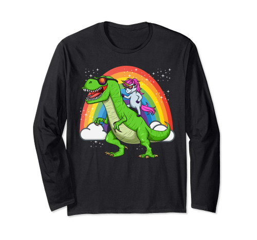 Unicorn Riding Dinosaur T Rex Rainbow Cute Fun Gift Long Sleeve T-Shirt