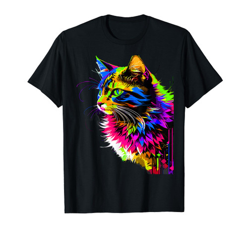 Rainbow Cat Realistic Watercolor Cute Cat Paint Colorful Cat T-Shirt