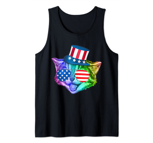 Funny Rainbow Kitty Cat Patriotic 4th of July American Flag Tank Top