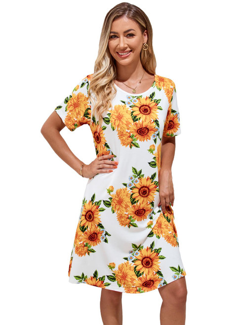 Women's Summer Dresses 2024 Casual T Shirt Dress Floral Short Sleeve Loose Flowy Sundress Swing Tunic Dress with Pockets