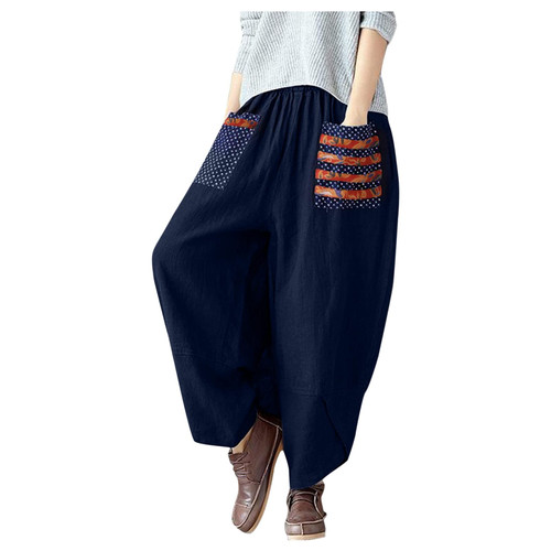Bblulu Womens Casual Linen Drawstring Pants High Waisted Cotton Palazzo Pants Summer Loose Comfy Capri Crop Pants Blue