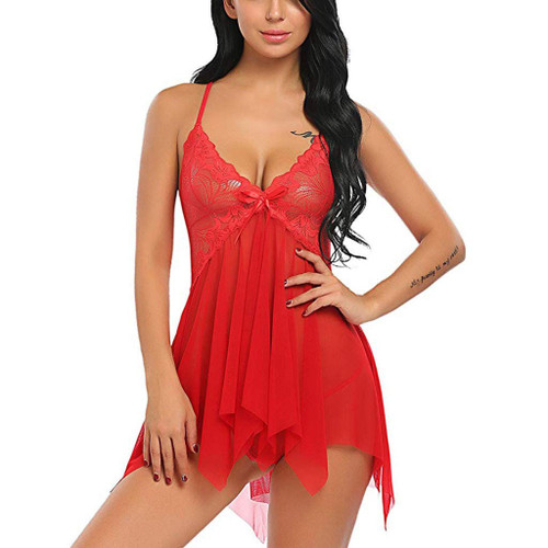Aniywn Valentines Day Lingerie Women Lingerie Lace Babydoll V Neck Sexy Sleepwear Strap Chemise Mesh Nightgowns Nighty Red