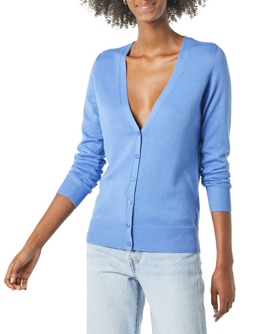 Amazon Essentials Women's Lightweight V-Neck Cardigan Sweater (Available in Plus Size), Blue, Large