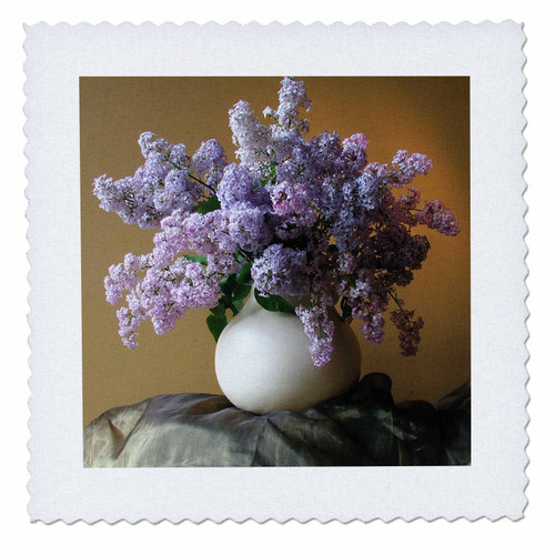 3D Rose Lilac Flowers in Vase Square 12 by 12 Inch Quilt, 12 x 12