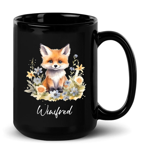Personalized Baby Fox Garden Flower Ceramic Mugs Gift For Son Daughter, Customized Baby Fox Lover Black Coffee Mug 11 Oz 15 Oz, Baby Fox Animal Coffee Cup With Name, Fox Travel Tea Cup For Birthday