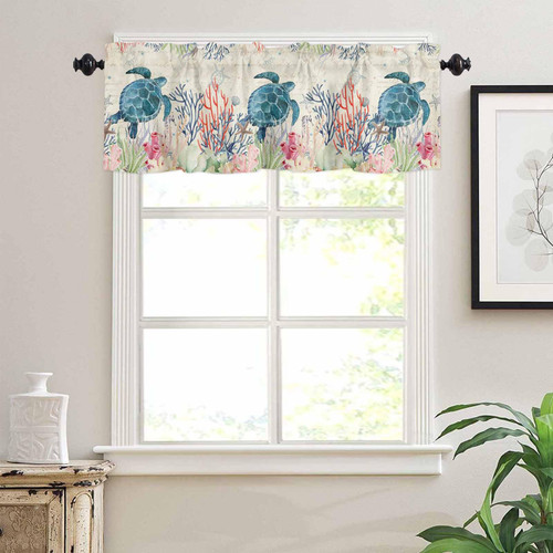 Windows Curtains Valance, Teal Sea Turtles Coral Reef with Starfish Ocean Sealifes Beach Theme Short Kitchen Window Treatment Curtain, Rustic Farmhouse Rod Pocket Valances for Living Room 54x18 Inch