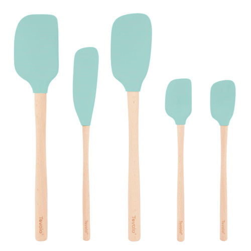 Tovolo 5-Piece Silicone and Wooden Handle Utensil Set (Light Aqua): Spatula, Spoonula, Jar Scraper, Mini Spatula, and Mini Spoonula