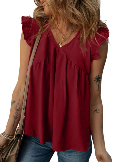 Dokotoo Summer Tops for Women 2024 Trendy Fashion Resort Wear Casual Sexy V Neck Ruffle Cap Sleeve Solid Tank Tops Shirts Lightweight Comfy Loose Babydoll Blouses Red Large