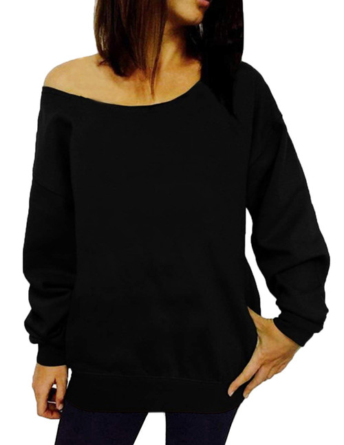 GSVIBK Women Loose Black Sweatshirts Sexy Off Shoulder Long Sleeve Printed Slouchy Shirt Pullover Tops Black 107-M