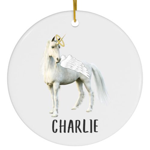 Mythical White Unicorn Angel Wings Memorial Personalized Christmas Ornaments 2023 Circle White Ceramic Pet Owner Gifts