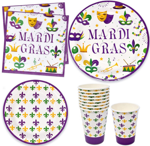 Mardi Gras Party Supplies Tableware Set 24 9" Dinner Plates 24 7" Plate 24 9 Oz Cup 24 Lunch Napkin Mask Fleur De Lis for Holiday Carnival Masquerade Parade Disposable Paper Dinnerware Table Decor