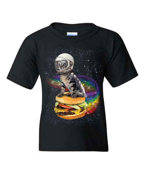 Cat Flying a Rainbow Burger Youth T-Shirt Funny Astronaut Kitten Space Kids Tee Black Large