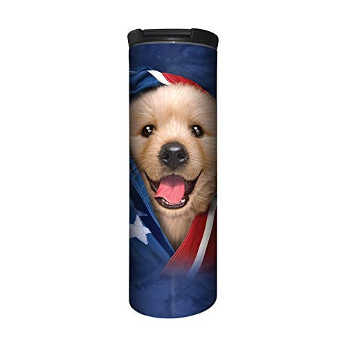 The Mountain Men's Patriotic Golden Pup Barista Travel Coffee Mug, blue, 17 oz