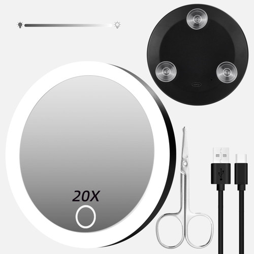 20X Magnifying Mirror with Light with Suction Cups, 4inch Rechargeable Small Magnifying Mirror 20x Lighted Magnified Travel Makeup Mirror Dimmable Pocket High Magnification Mirror with Scissors