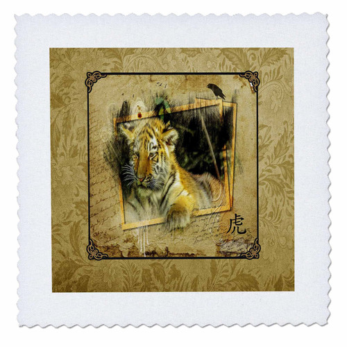 3dRose Image of Tiger Cub Frame with Bird, Vintage Tan, Sign of The... - Quilt Squares (qs_355059_10)