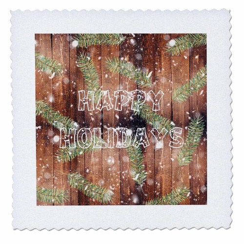 3dRose Image of Wooden Planks, Pine Tree Branches, Happy Holidays... - Quilt Squares (qs_356456_10)
