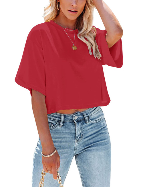 Yuccalley Women's Summer Crop Tops Short Sleeve Round Neck T-Shirt Basic Tees (Red, Small)