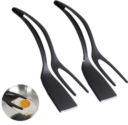 2 in 1 Egg Spatula, Egg Flipper Spatula, Grip and Flip Spatula Tongs Egg Flipper Tong, Non-Stick Cooking Spatula Food Grip Egg Tongs Kitchen Cooking Tool (Black, 2pcs)