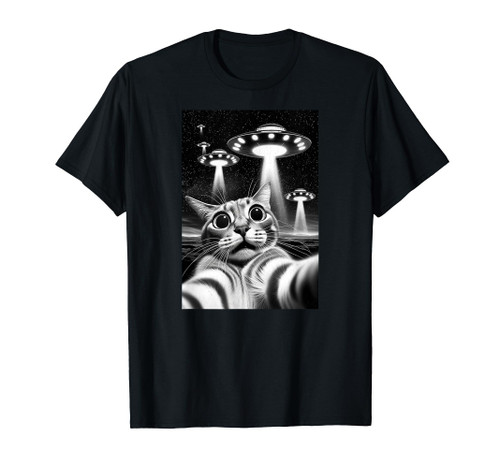 Cat UFO | Funny Invasion Meme Retro Alien Cat UFO Selfie T-Shirt