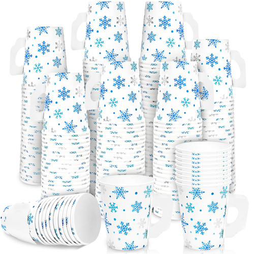 Whaline 50Pcs Christmas Paper Cups with Handles 9oz Blue Silver Foil Snowflake Disposable Cups Xmas Winter Party Cups Drinkware Supplies for Hot Cold Drinks