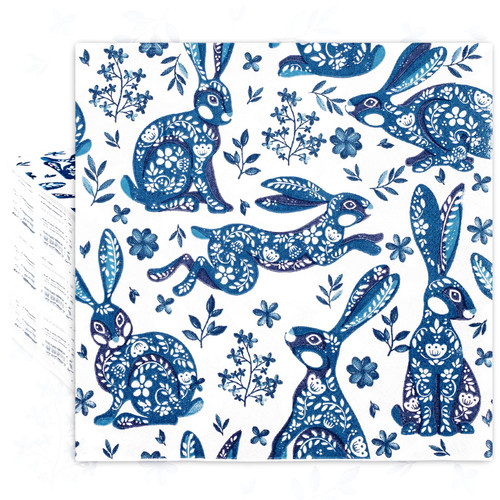 JarThenaAMCS 80 Pack Easter Paper Napkins Chinoiserie Bunny Disposable Napkins Blue Rabbit Decorative Luncheon Dinner Napkins for Party Supplies Table Decor, 6.5 x 6.5 Inch