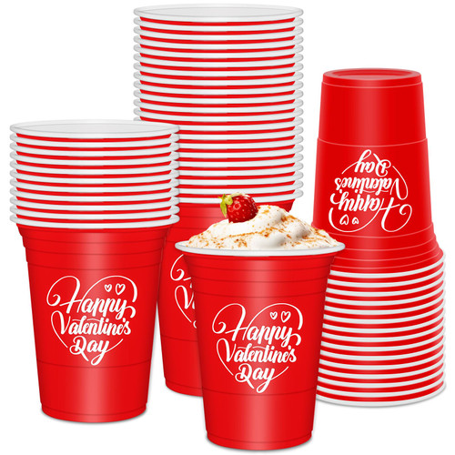 JarThenaAMCS 50Pcs Happy Valentine's Day Plastic Cups 16oz Festive Red Disposable Tumblers Holiday Decorative Party Cups for Hot Cold Drinks Coffee Juice Beer Candy Snacks