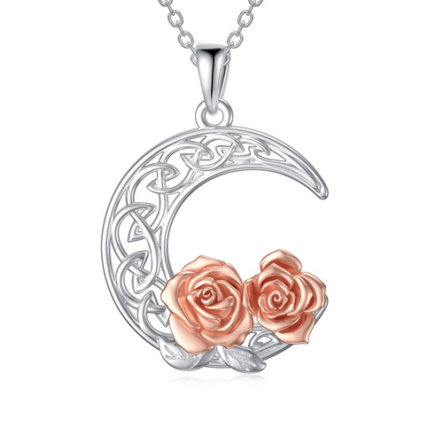 PELOVNY Mothers Day Gifts Moon and Rose Necklace for Women S925 Sterling Silver Celtic Knot Crescent Moon Filigree Pendant Gift for Lover