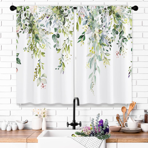 Opeoddie Green Eucalyptus Leaves Kitchen Window Curtains Rustic Spring Blossom Boho Floral Flower Short Cafe Botanical Plant Curtains for Bathroom 2 Panels Window Treatment Tiers Drapes 27.5x39 Inch