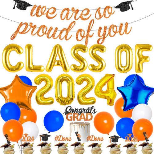Graduation Decorations 2024 - Class of 2024 Party Supplies Orange and Blue We are so Proud of You Banner Congrats Grad Balloon Cake Toppers Table Decorations