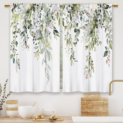 Laifzere Eucalyptus Green Leaves Kitchen Curtains Botanical Floral Plant Small Short Cafe Window Curtains Flower Herb Rod Pocket Bathroom Window Drapes Treatment Tier Curtains 2 Panels (27.5x39 Inch)