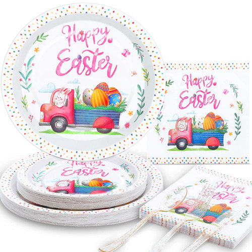 Gudvilla 150PCS Easter Plates and Napkins Disposable Dinnerware Party Supplies, Easter Paper Plates Serves 25 Guests, Easter Party Supplies, Easter Bunny Plates for Spring Easter Holiday Party