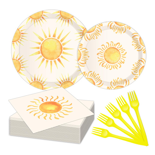 First Trip Around The Sun Birthday Party Tableware Set Serves 24 - Disposable 7 inch Plates, 9 inch Plates, Napkins, Forks, Boho Sun Bohemian 1st Birthday Baby Shower Party Supplies for 24 Guests